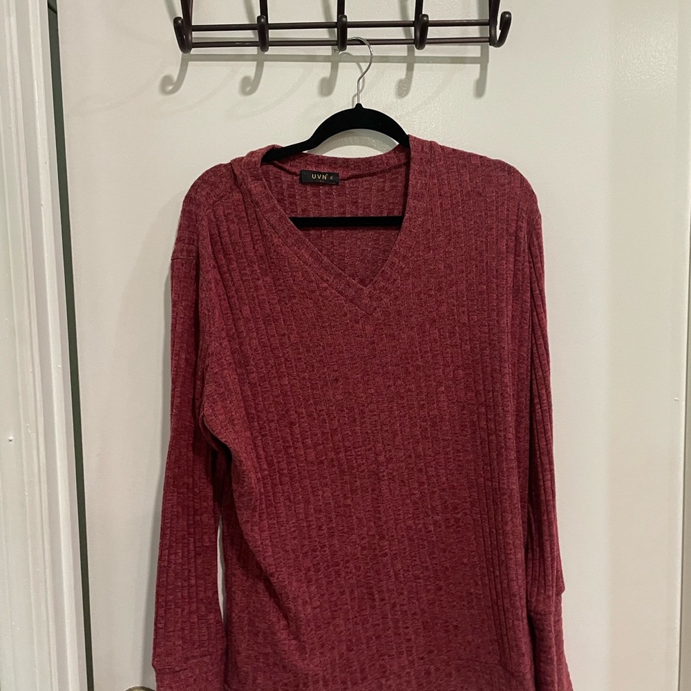 Red Ribbed Long Sleeve Top - Picture 2 of 4